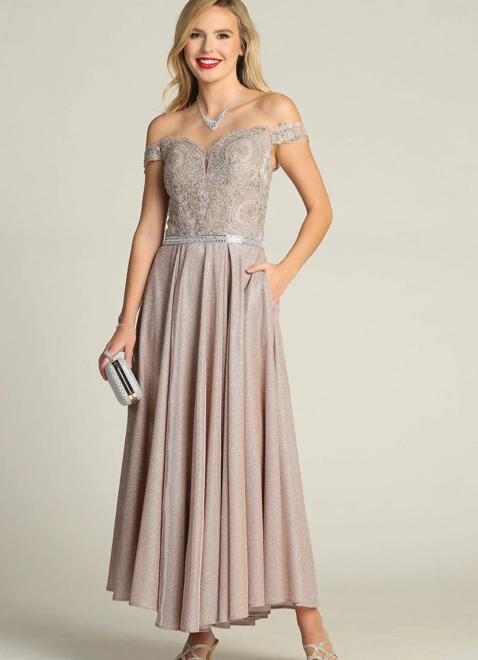 Chicas DM4027 Elegant Evening Blue A-Line Illusion Tea-Length Fabric Dress - Image 8