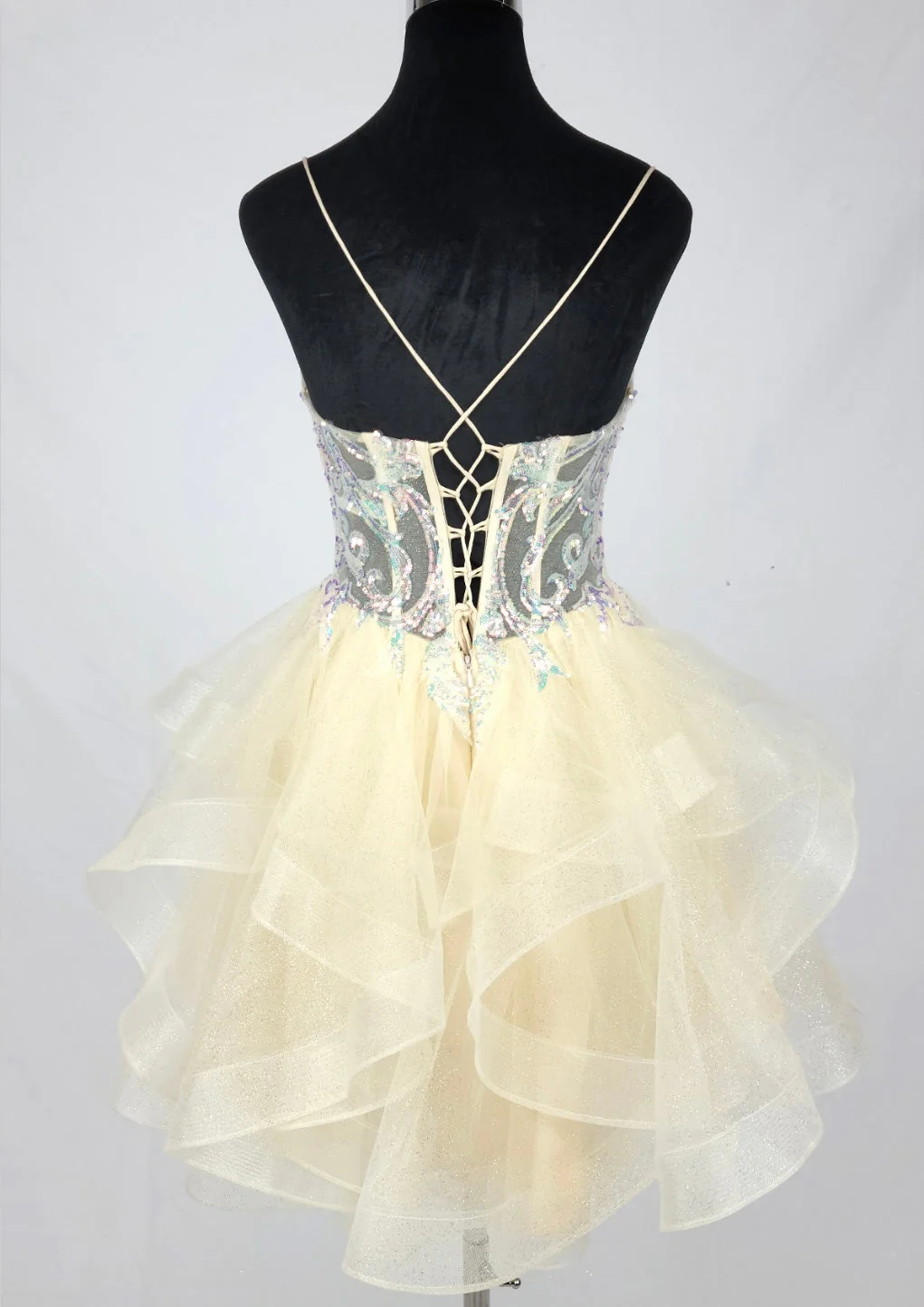 Chicas DM8031 Cocktail Champagne Spaghetti-Strap Short Sequin Tulle Dress - Image 3
