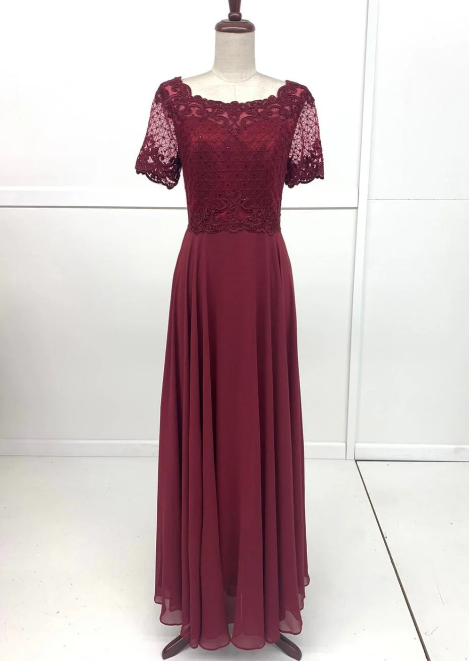 Chicas J004 Elegant Bridal Burgundy Short Embroidered Chiffon Dress