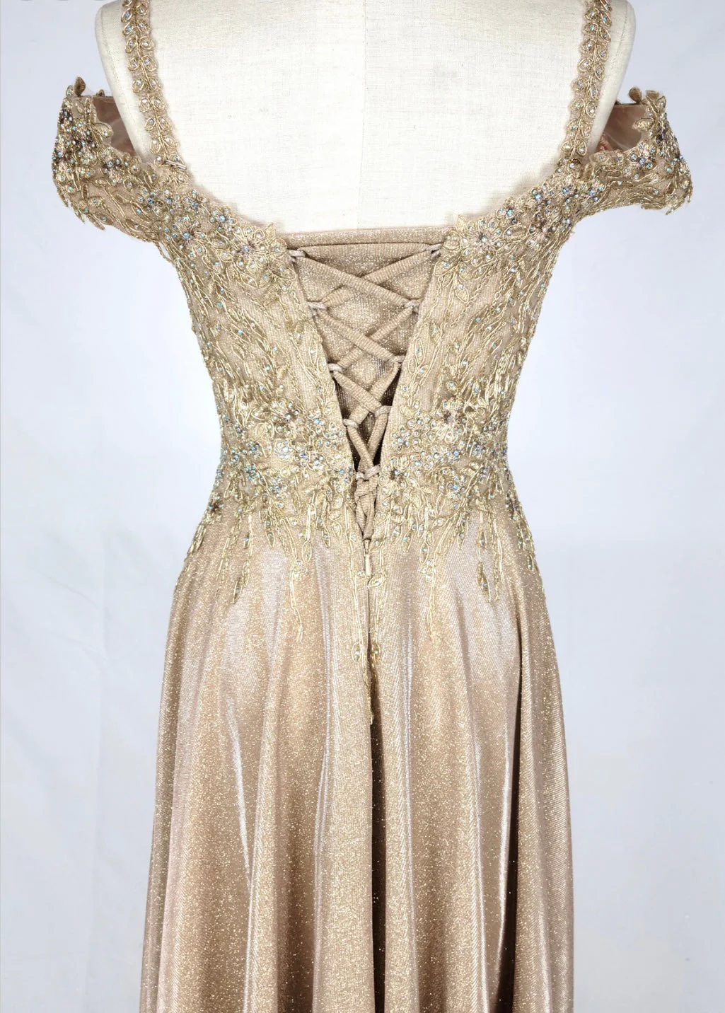 Chicas J049 Gold A-Line Tea-Length Embroidered Shimmer Strappy Fabric Dress - Image 2