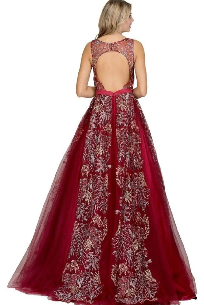 Chicas LM8007 Printed Formal Wine Illusion Floral Floor-Length Tulle Dress - Image 2