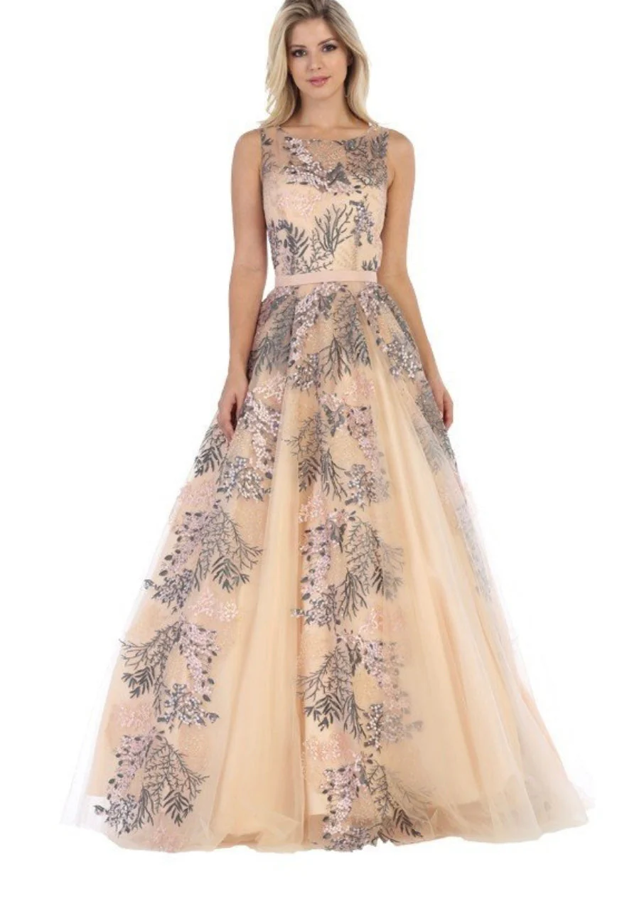 Chicas LM8007 Printed Formal Wine Illusion Floral Floor-Length Tulle Dress - Image 3