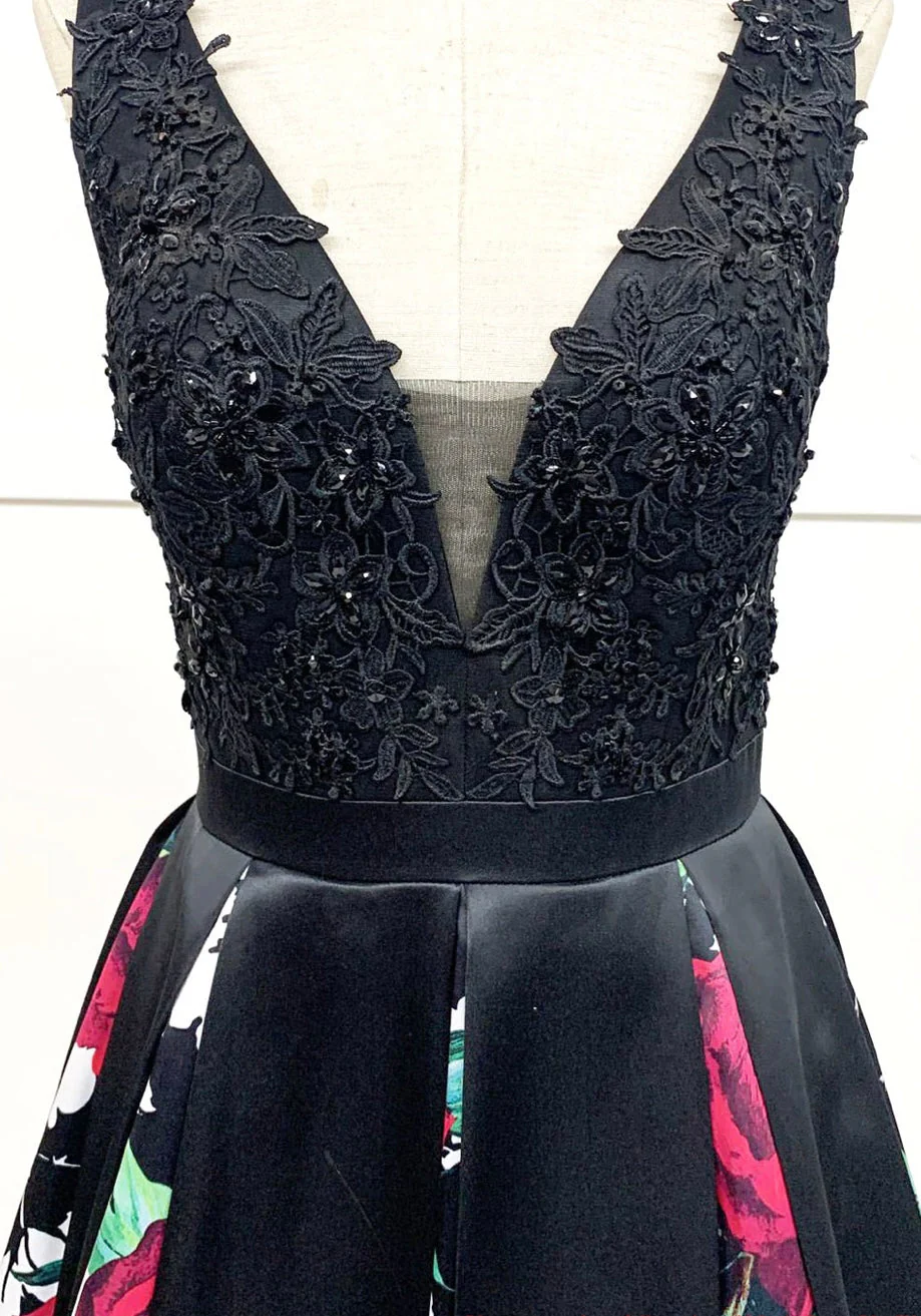 Chicas LM8008 Printed Formal Black A-Line Floral Satin Dress - Image 2
