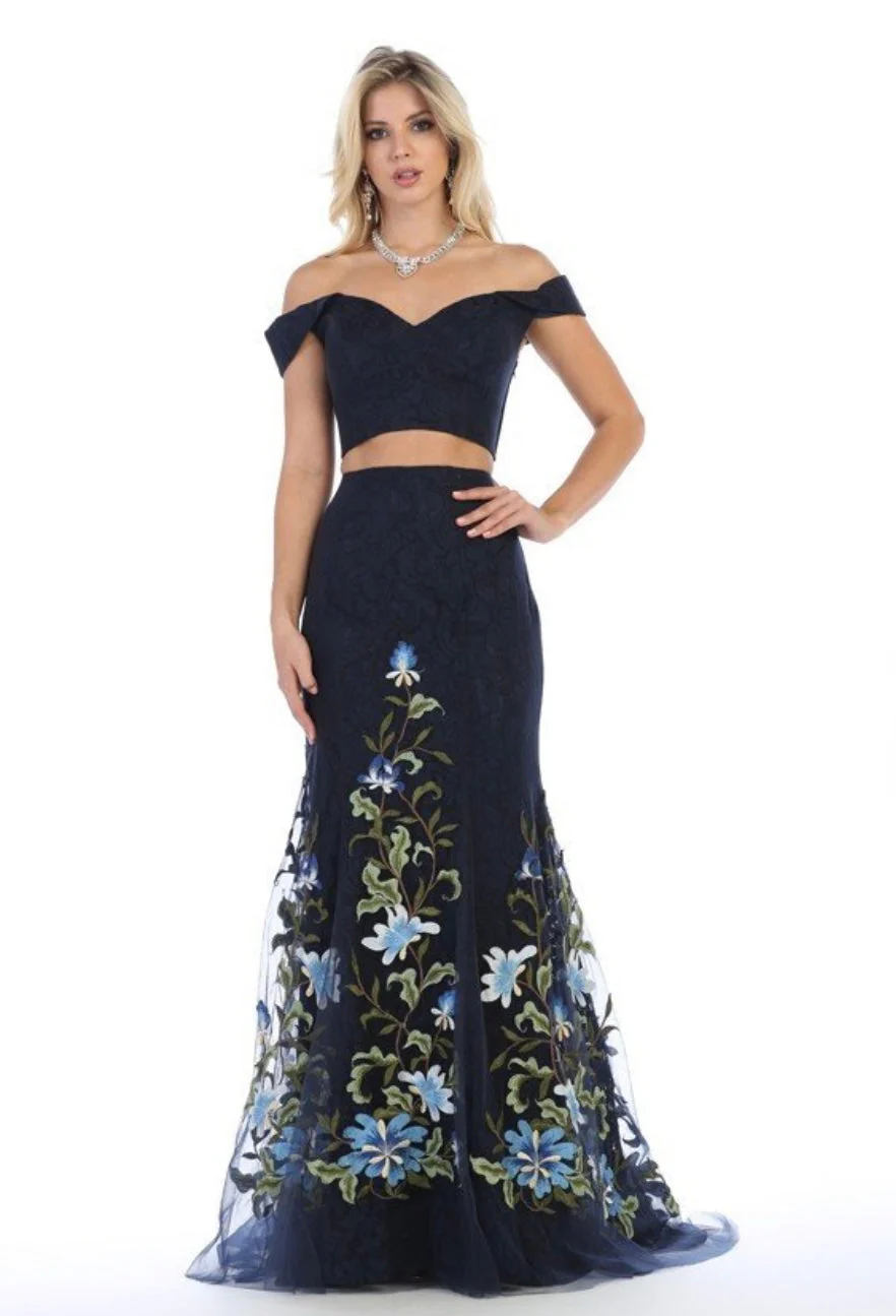 Chicas LM8017 Printed Evening Navy Mermaid Sweetheart Lace Dress - Image 3