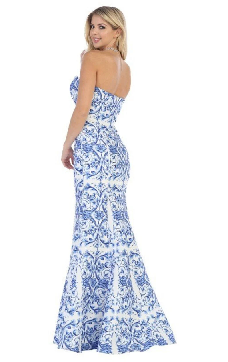 Chicas LM8018 Elegant Printed Formal Blue Mermaid Strapless Fabric Dress - Image 2