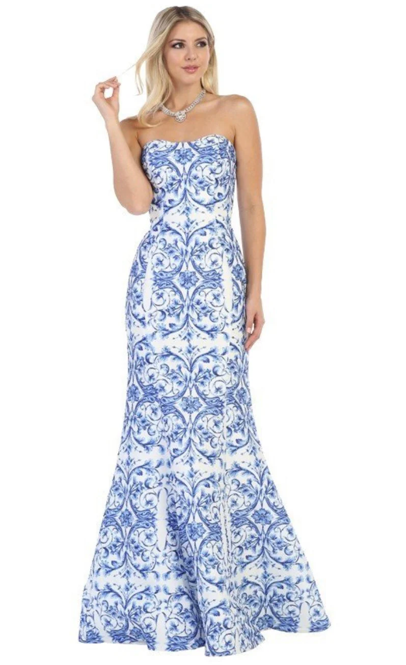 Chicas LM8018 Elegant Printed Formal Blue Mermaid Strapless Fabric Dress - Image 3