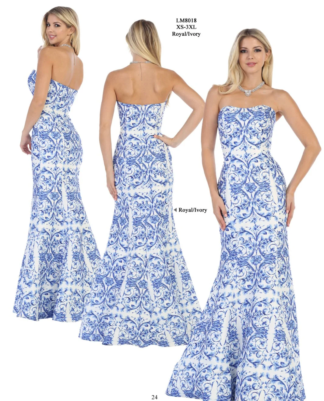 Chicas LM8018 Elegant Printed Formal Blue Mermaid Strapless Fabric Dress - Image 4