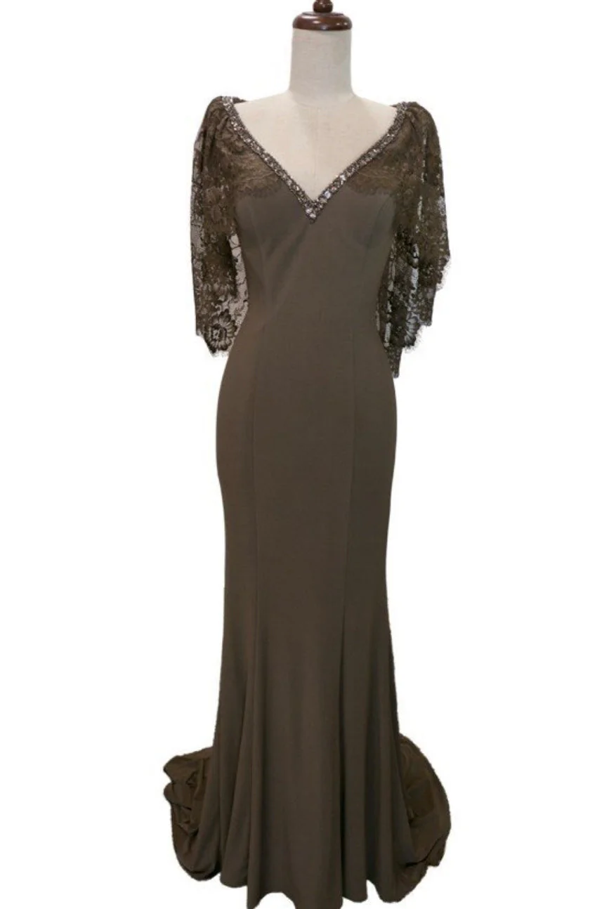 Chicas LM8019 Elegant Bridal Navy Floor-Length Shimmer Cape Lace Dress - Image 2