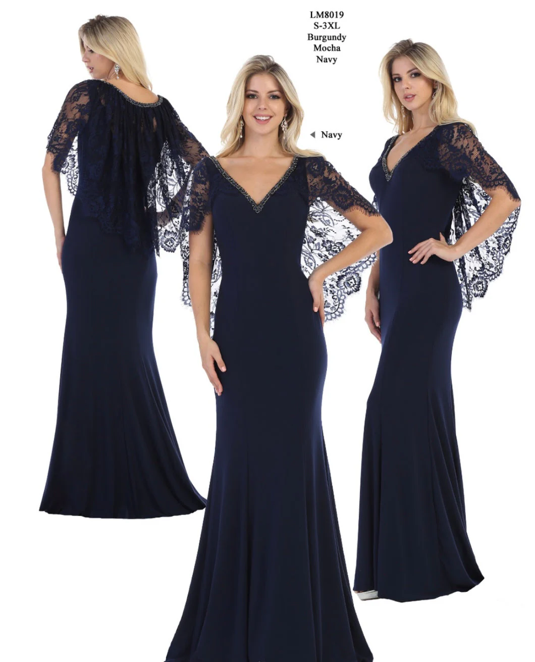 Chicas LM8019 Elegant Bridal Navy Floor-Length Shimmer Cape Lace Dress - Image 3