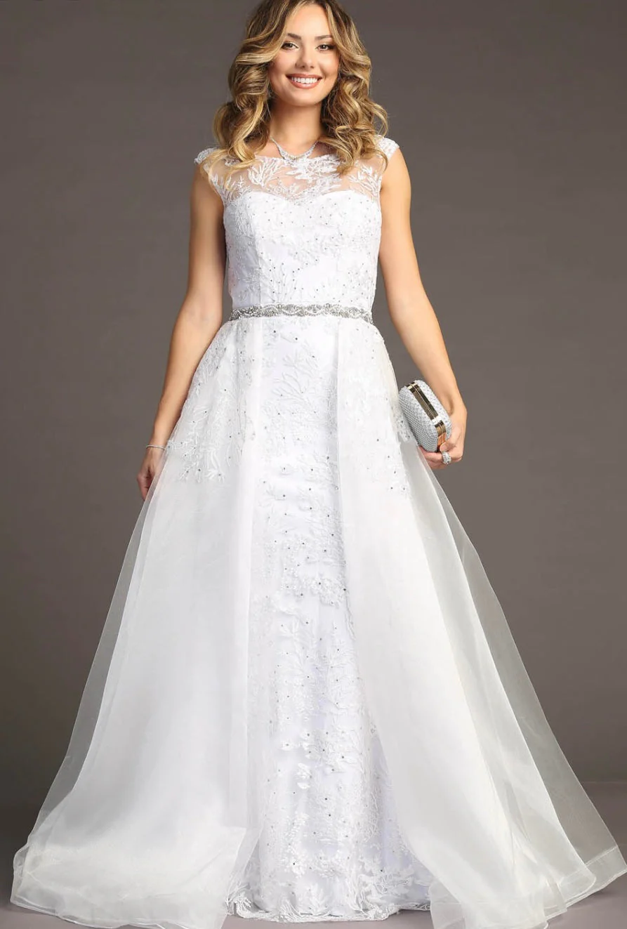 Chicas LM8023 Formal White Illusion Floor-Length Beaded Fabric Dress