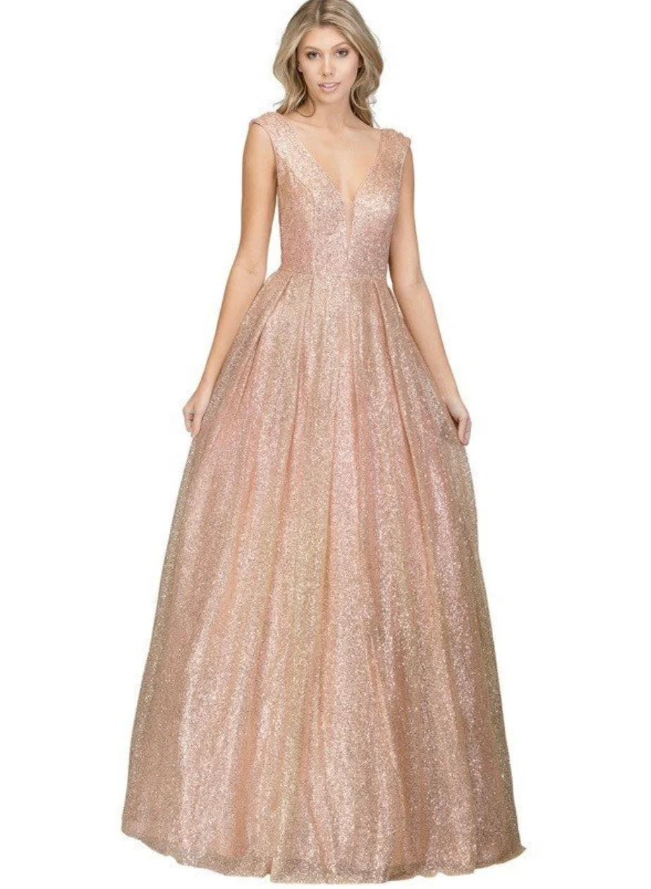 Chicas LM8024 Glam Prom Gold BallDress Floor-Length Shimmer Mesh Dress