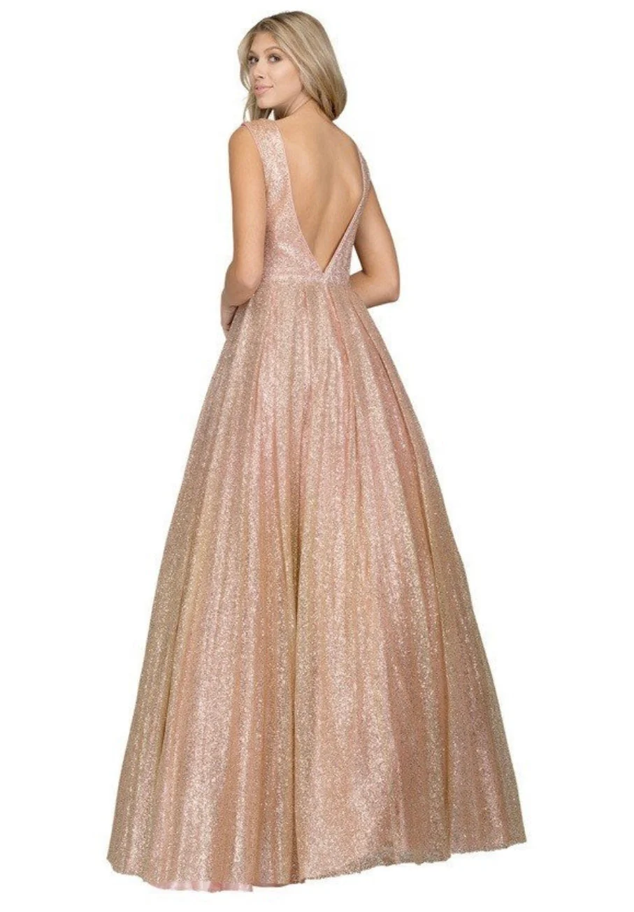 Chicas LM8024 Glam Prom Gold BallDress Floor-Length Shimmer Mesh Dress - Image 2