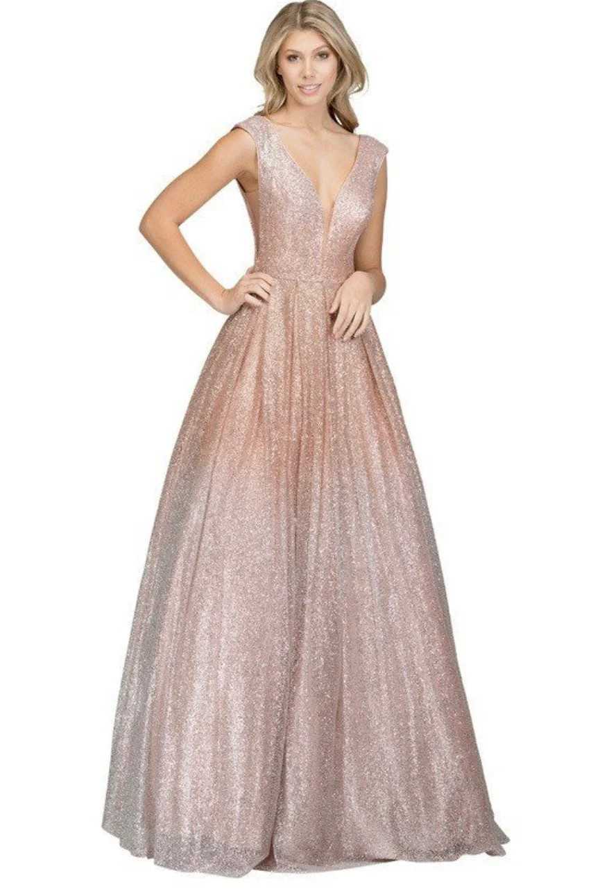 Chicas LM8024 Glam Prom Gold BallDress Floor-Length Shimmer Mesh Dress - Image 3