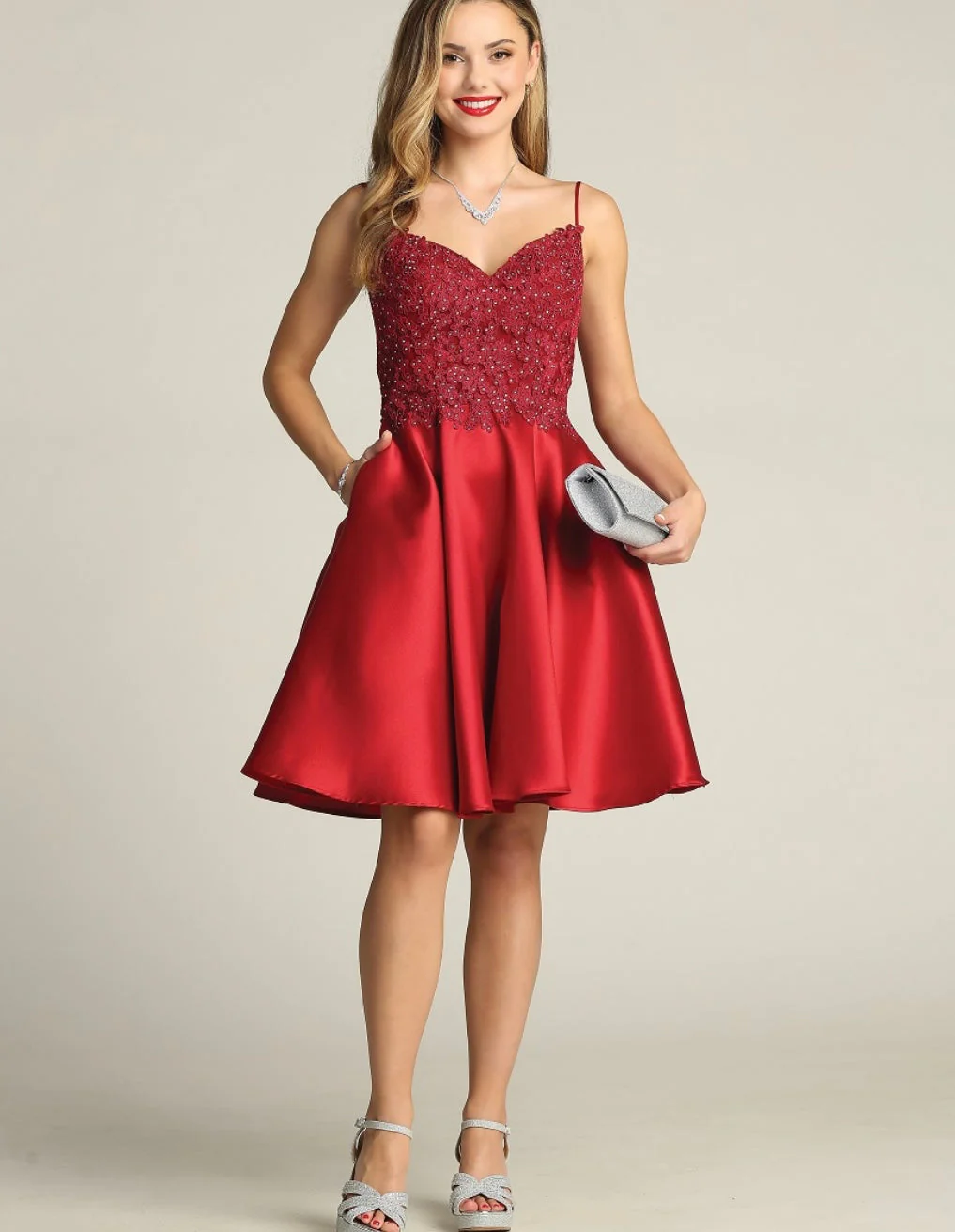 Chicas XR6008 Elegant Cocktail Red A-Line Sweetheart Short Satin Dress