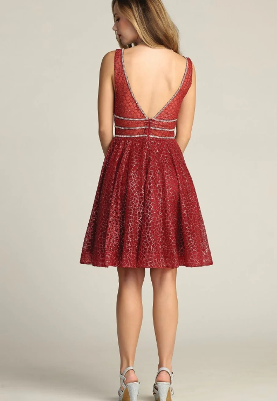 Chicas Y5801 Modern Glitter Formal Red A-Line Illusion Lace Dress - Image 3
