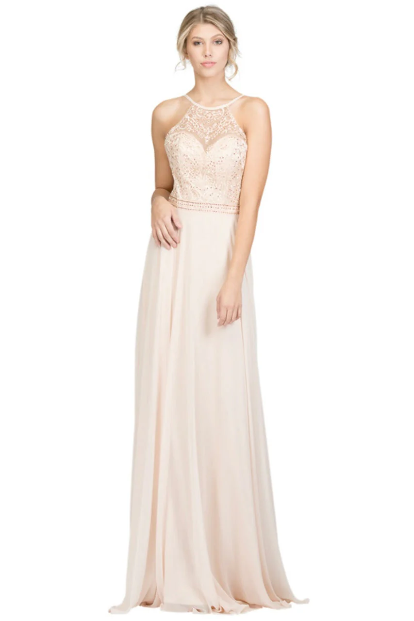 Chicas YG5008 Elegant Evening Halter Long Embroidered Chiffon Dress - Image 3