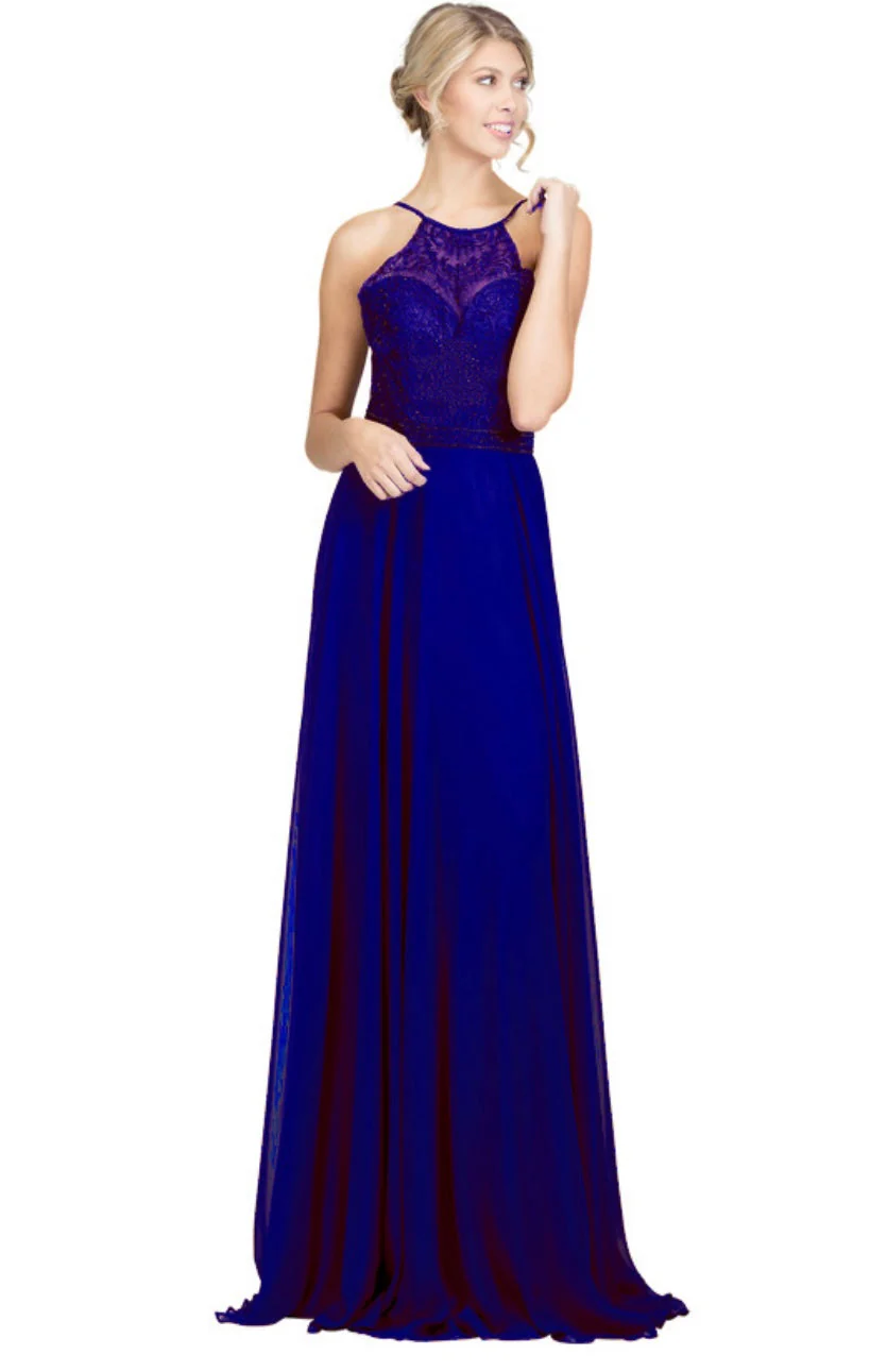 Chicas YG5008 Elegant Evening Halter Long Embroidered Chiffon Dress - Image 5