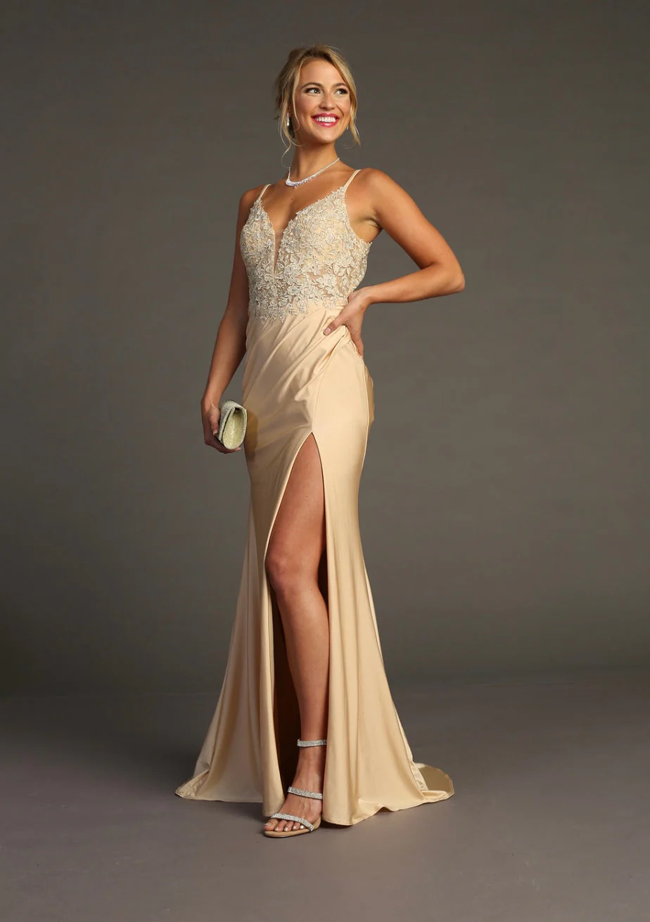 Chicas YG5033 Glam Prom Illusion Floor-Length High-Slit Strappy Lace Dress