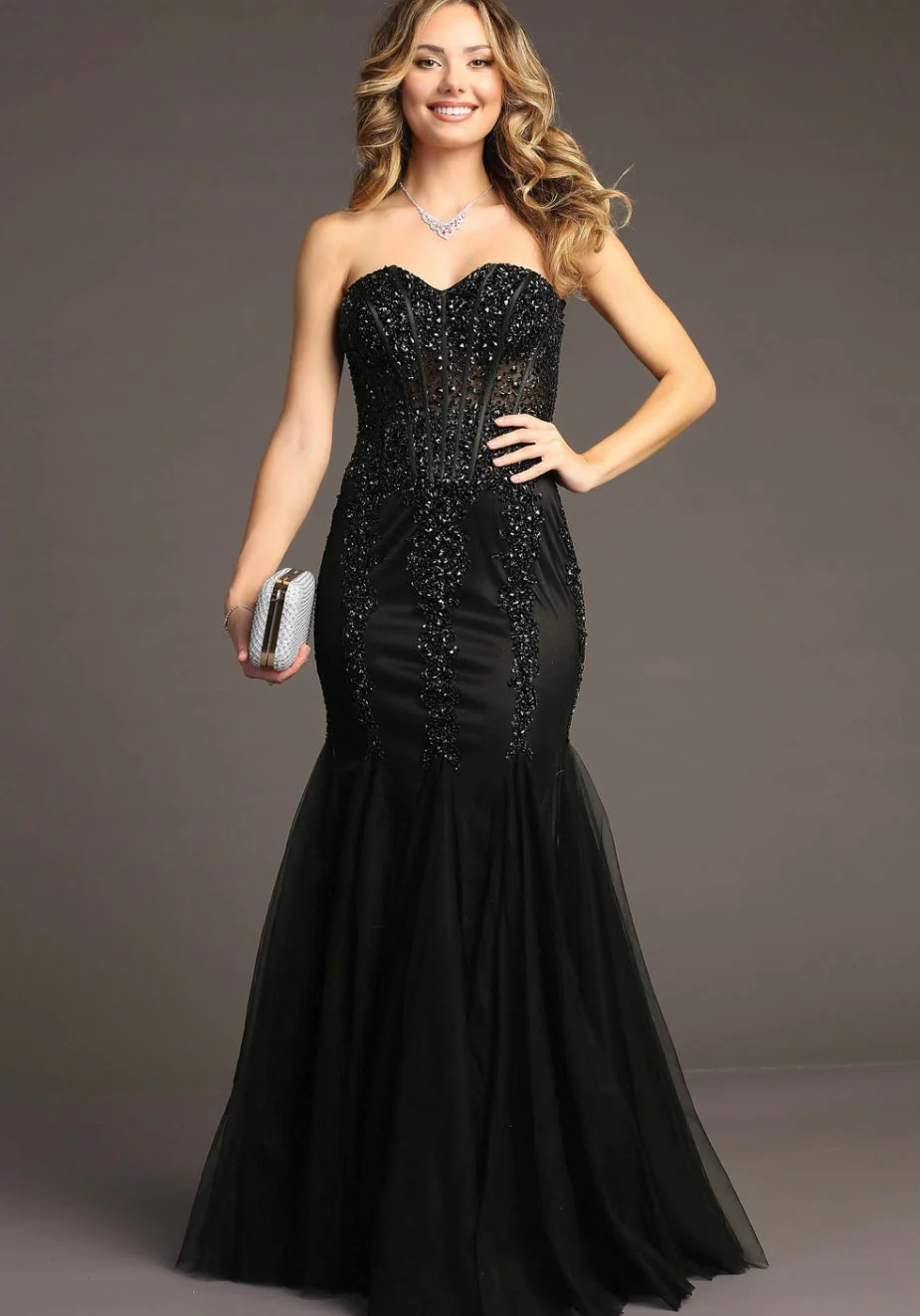 Chicas C820 Prom Black Mermaid Strapless Floor-Length Tulle Dress