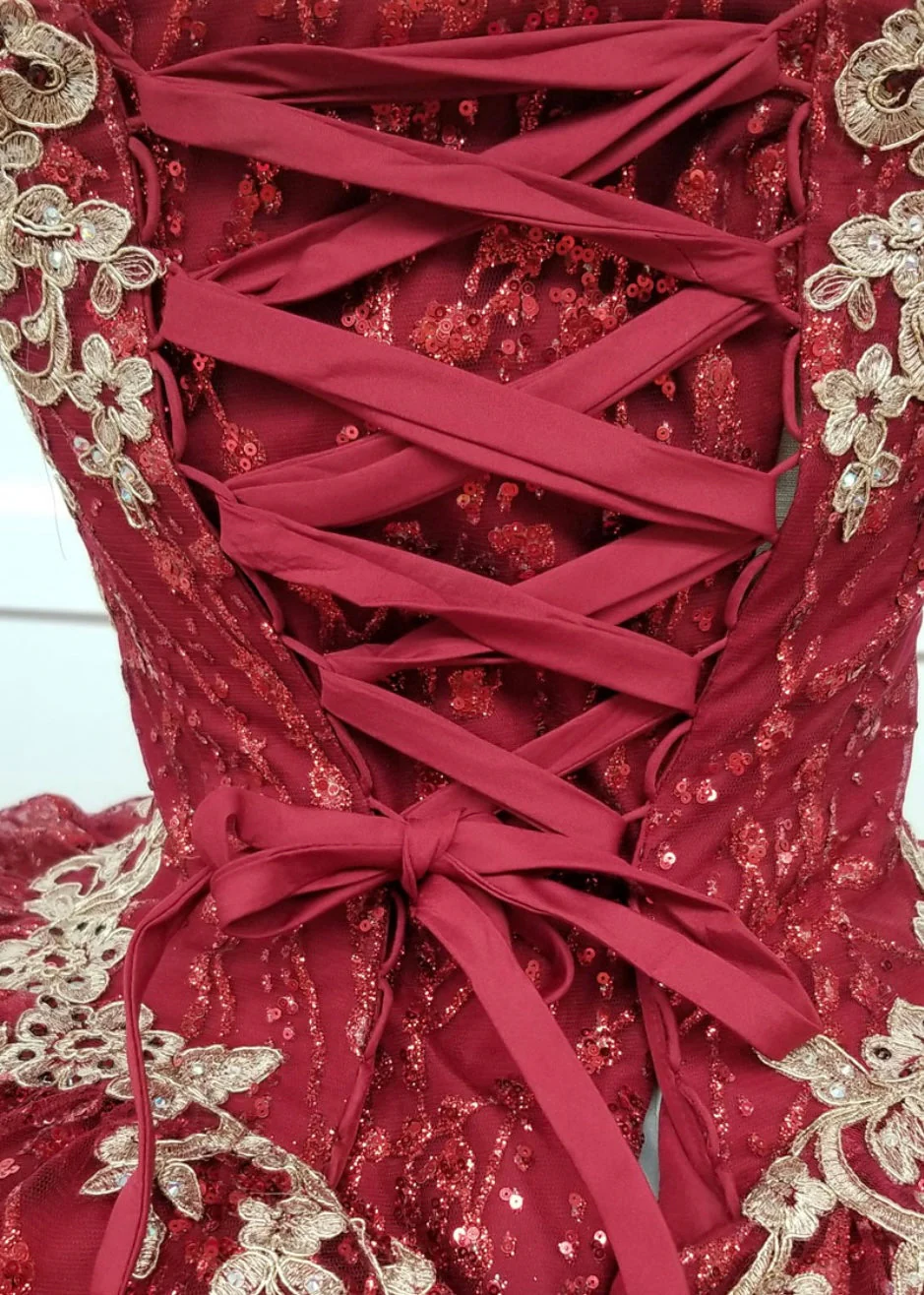 Chicas HF3011 Burgundy BallDress Sweetheart Floor-Length Fabric Dress - Image 6