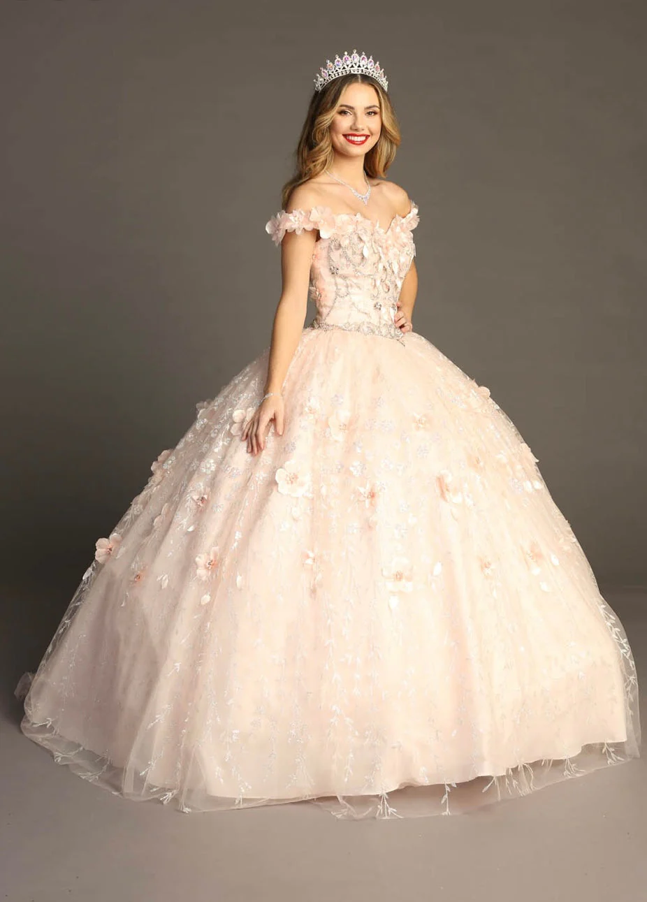 Chicas HF3027 Romantic Printed Glitter Quinceañera Blush BallDress Tulle Dress - Image 2