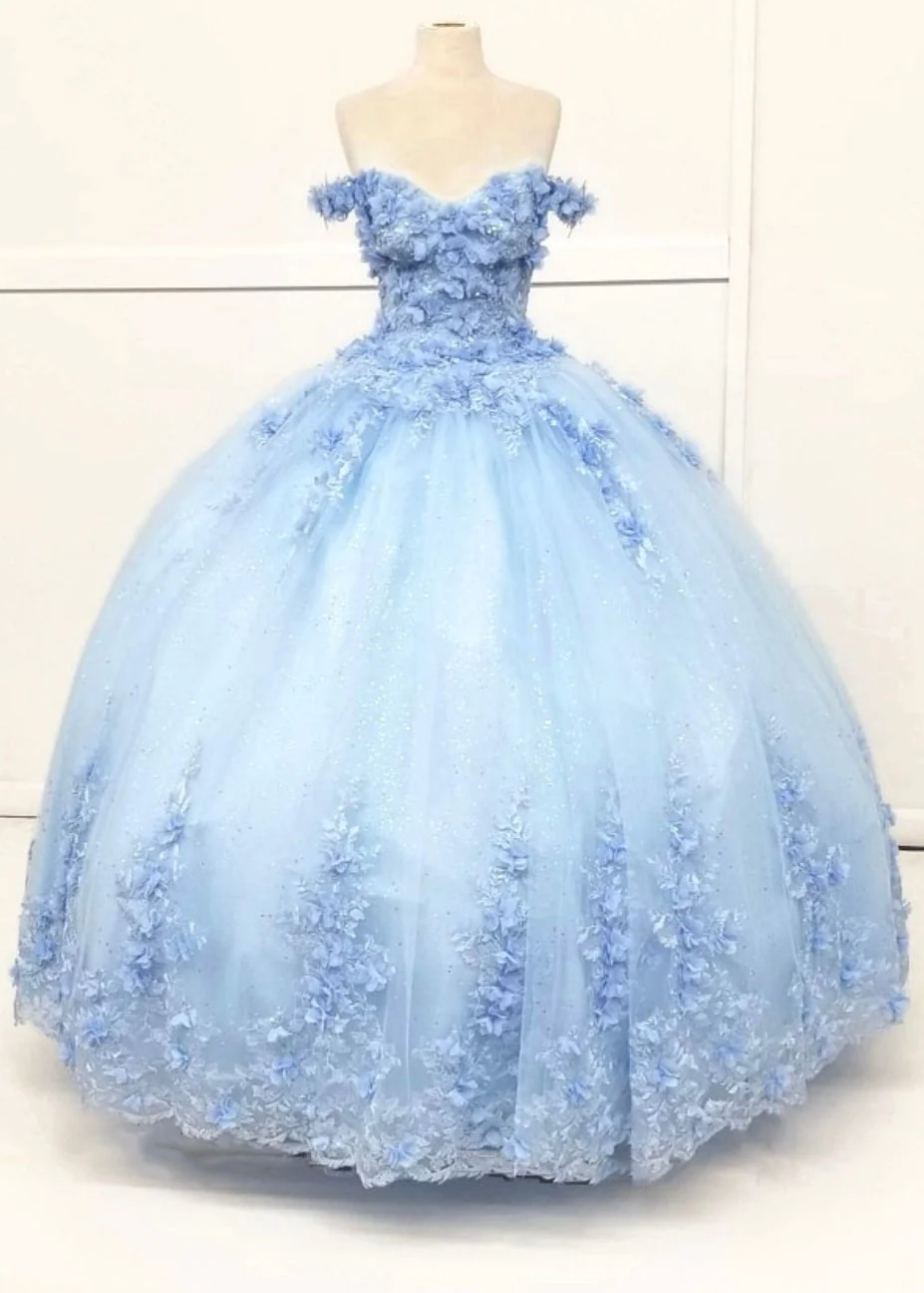 Chicas HF3054 Printed Quinceañera Blue BallDress Sweetheart Floral Tulle Dress - Image 4