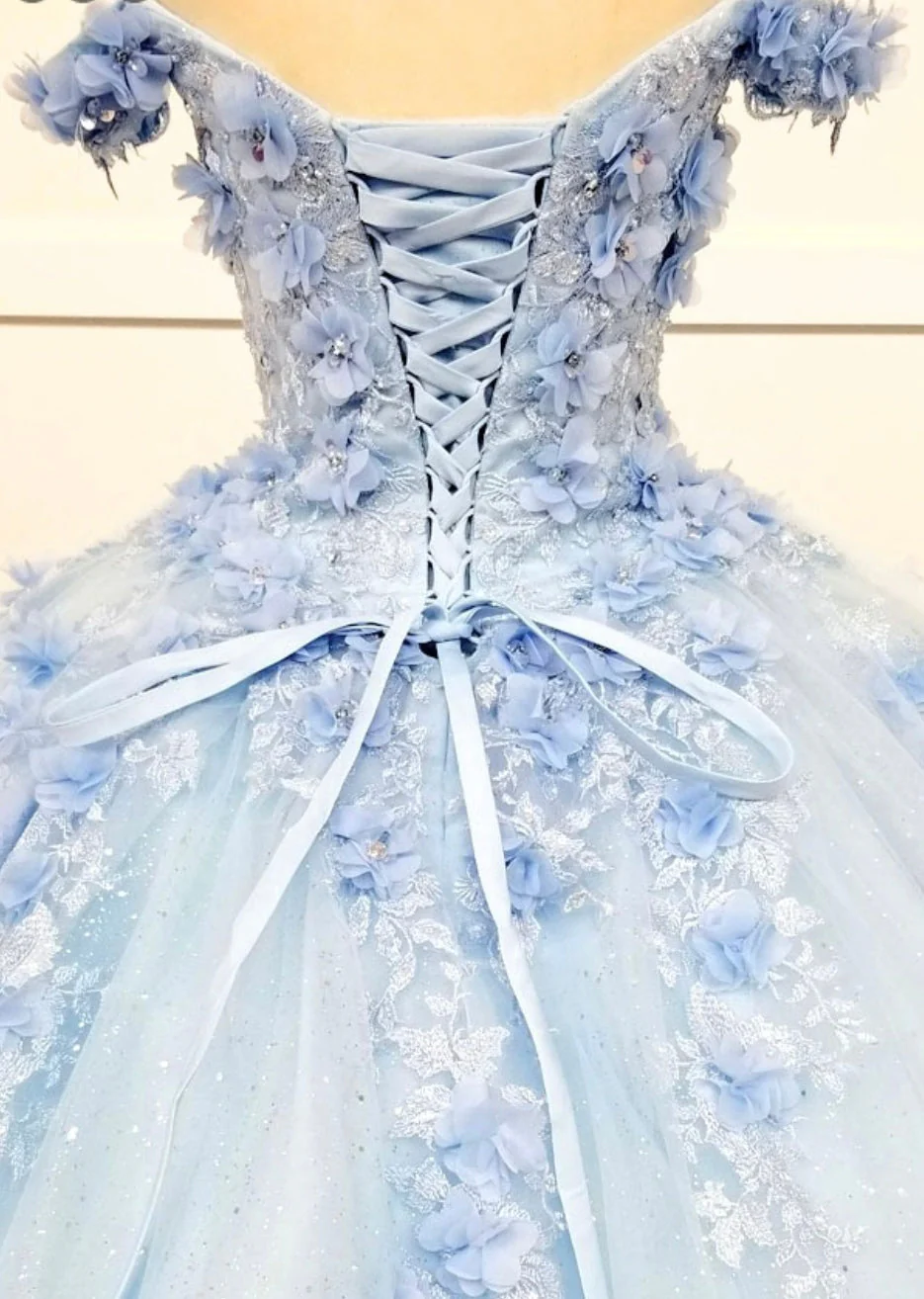 Chicas HF3054 Printed Quinceañera Blue BallDress Sweetheart Floral Tulle Dress - Image 5