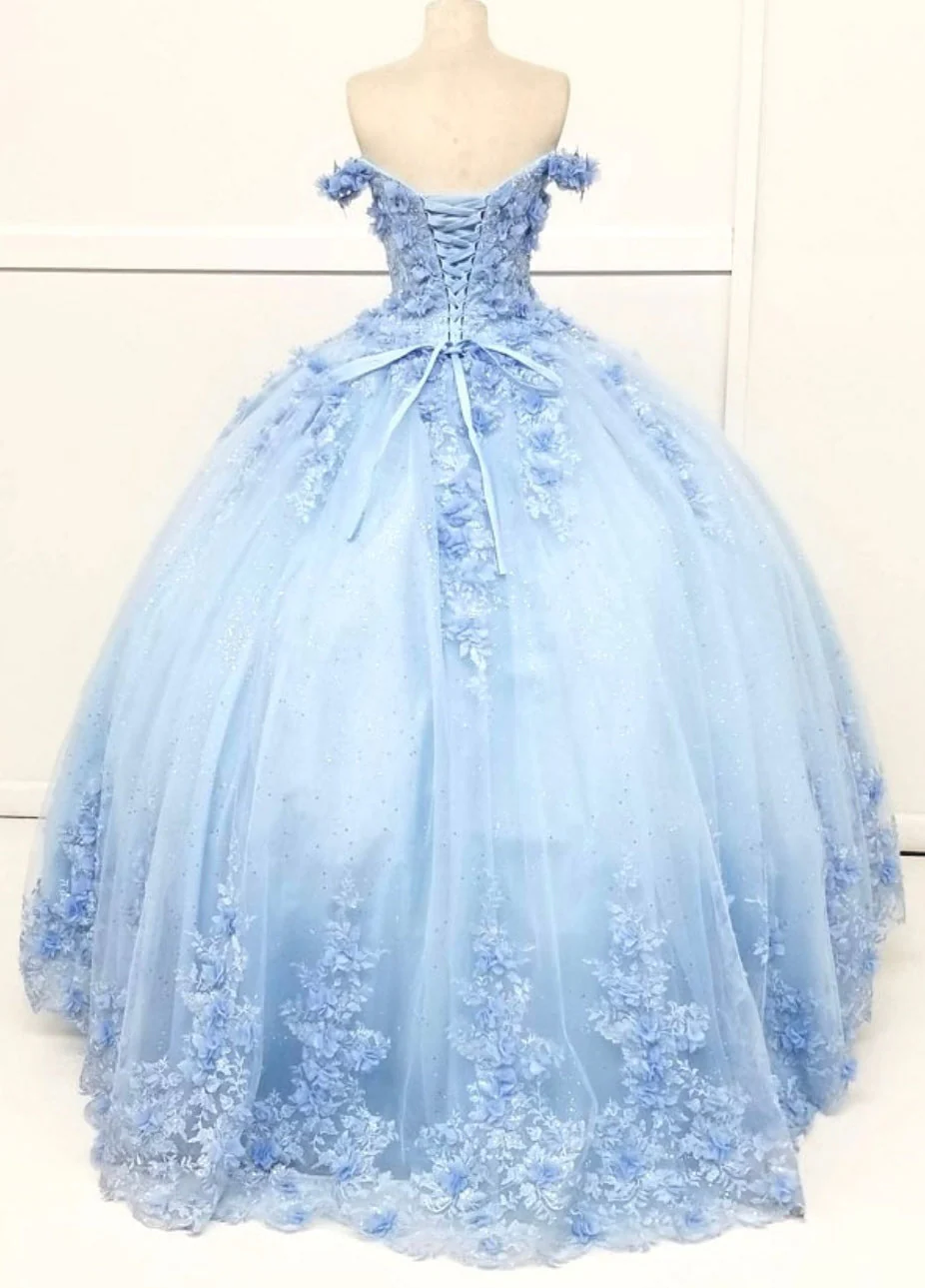 Chicas HF3054 Printed Quinceañera Blue BallDress Sweetheart Floral Tulle Dress - Image 6