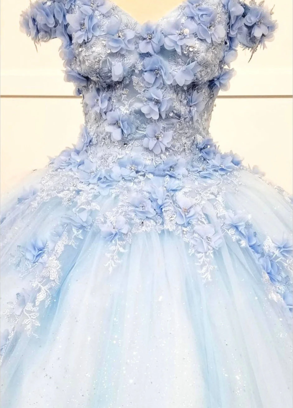 Chicas HF3054 Printed Quinceañera Blue BallDress Sweetheart Floral Tulle Dress - Image 7