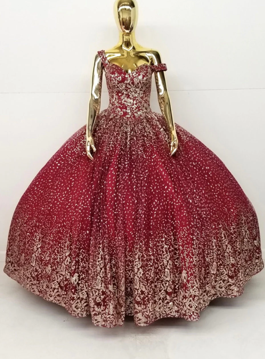 Chicas HF3001 Romantic Metallic Glitter Quinceañera Wine BallDress Fabric Dress - Image 3