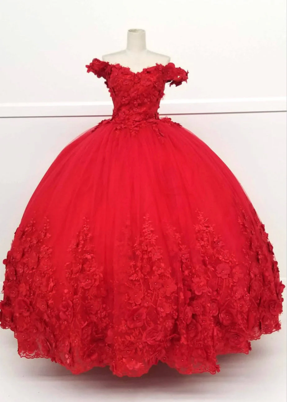 Chicas HF3030 Printed Quinceañera Red BallDress Floral Tulle Dress - Image 4