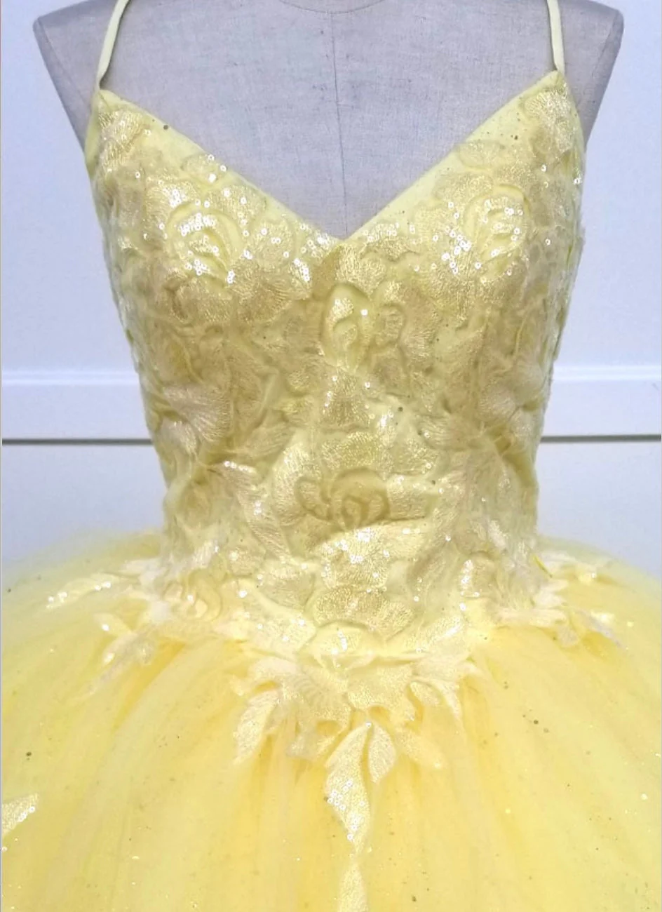 Chicas HF3045 Romantic Printed Glitter Quinceañera BallDress V-Neck Tulle Dress - Image 3