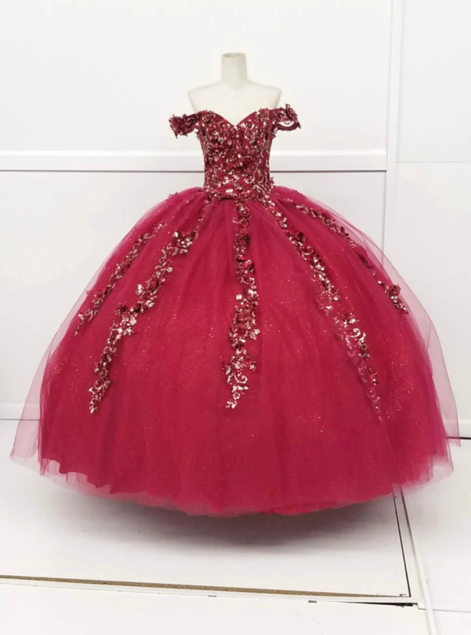 Chicas HF3056 Romantic Printed Red BallDress Sweetheart Floral Tulle Dress - Image 3