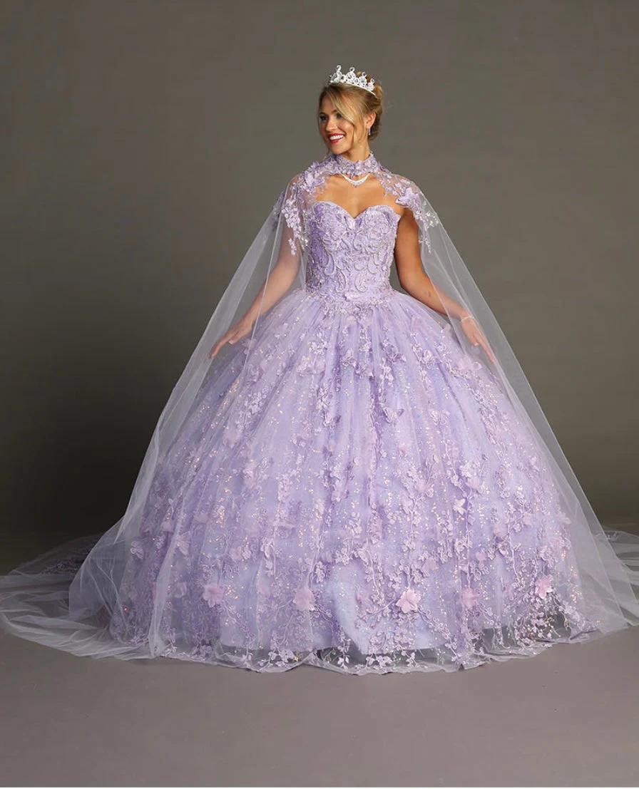 Chicas HF3067 Printed Glitter Quinceañera Blue BallDress Strapless Tulle Dress - Image 7