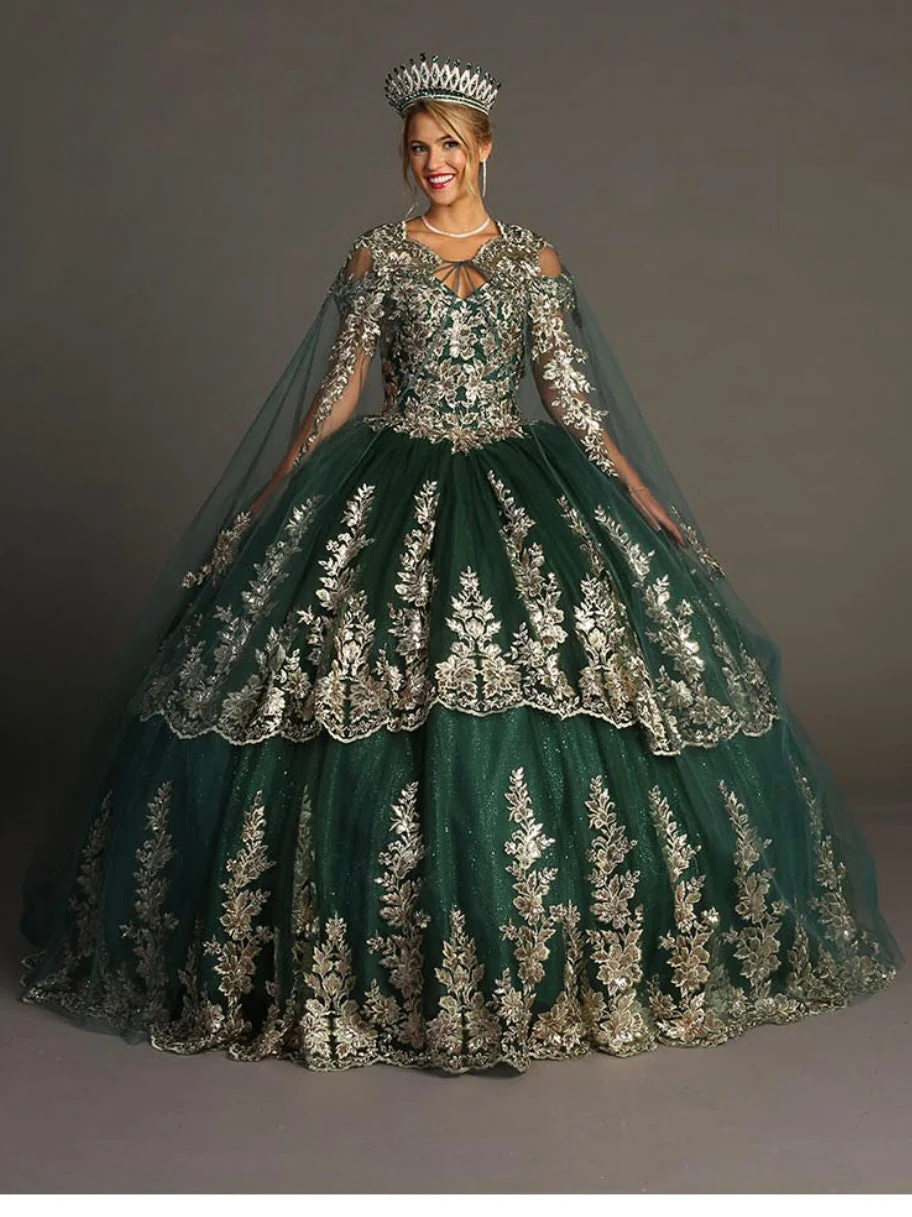 Chicas HF3083 Elegant Royal BallDress Floor-Length Embroidered Cape Tulle Dress