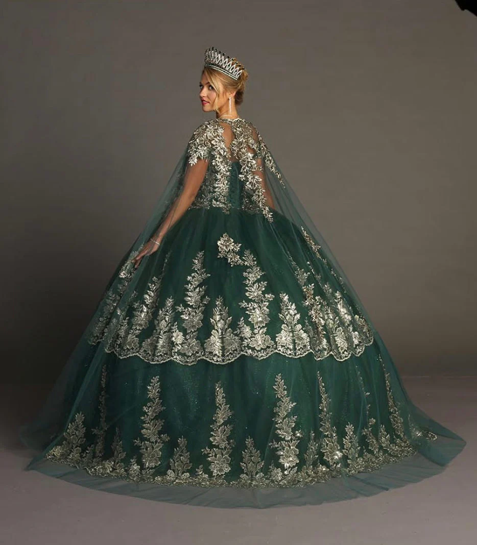Chicas HF3083 Elegant Royal BallDress Floor-Length Embroidered Cape Tulle Dress - Image 2