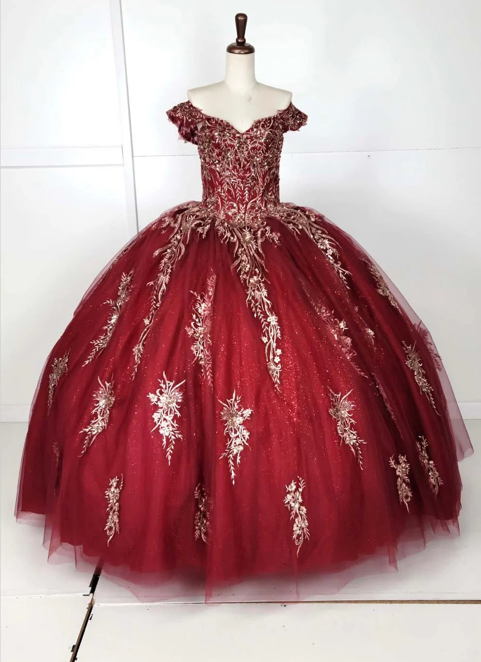 Chicas HF3084 Romantic Printed Metallic Glitter Burgundy BallDress Tulle Dress - Image 9