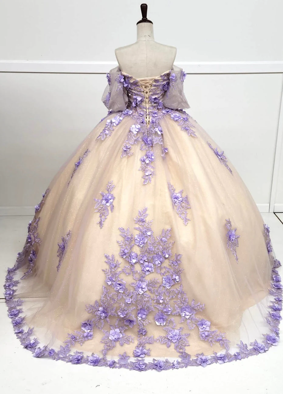 Chicas HF3087 Printed Glitter Royal BallDress Floral Floor-Length Tulle Dress - Image 2