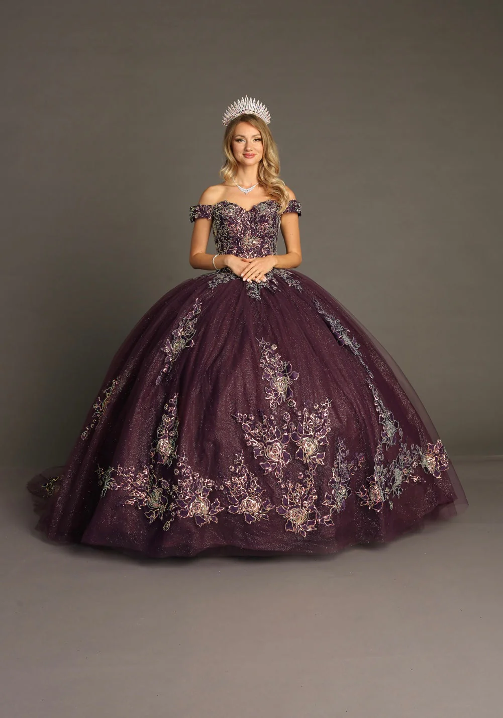 Chicas HF3099 Printed Glitter Purple BallDress Floral Floor-Length Tulle Dress - Image 2