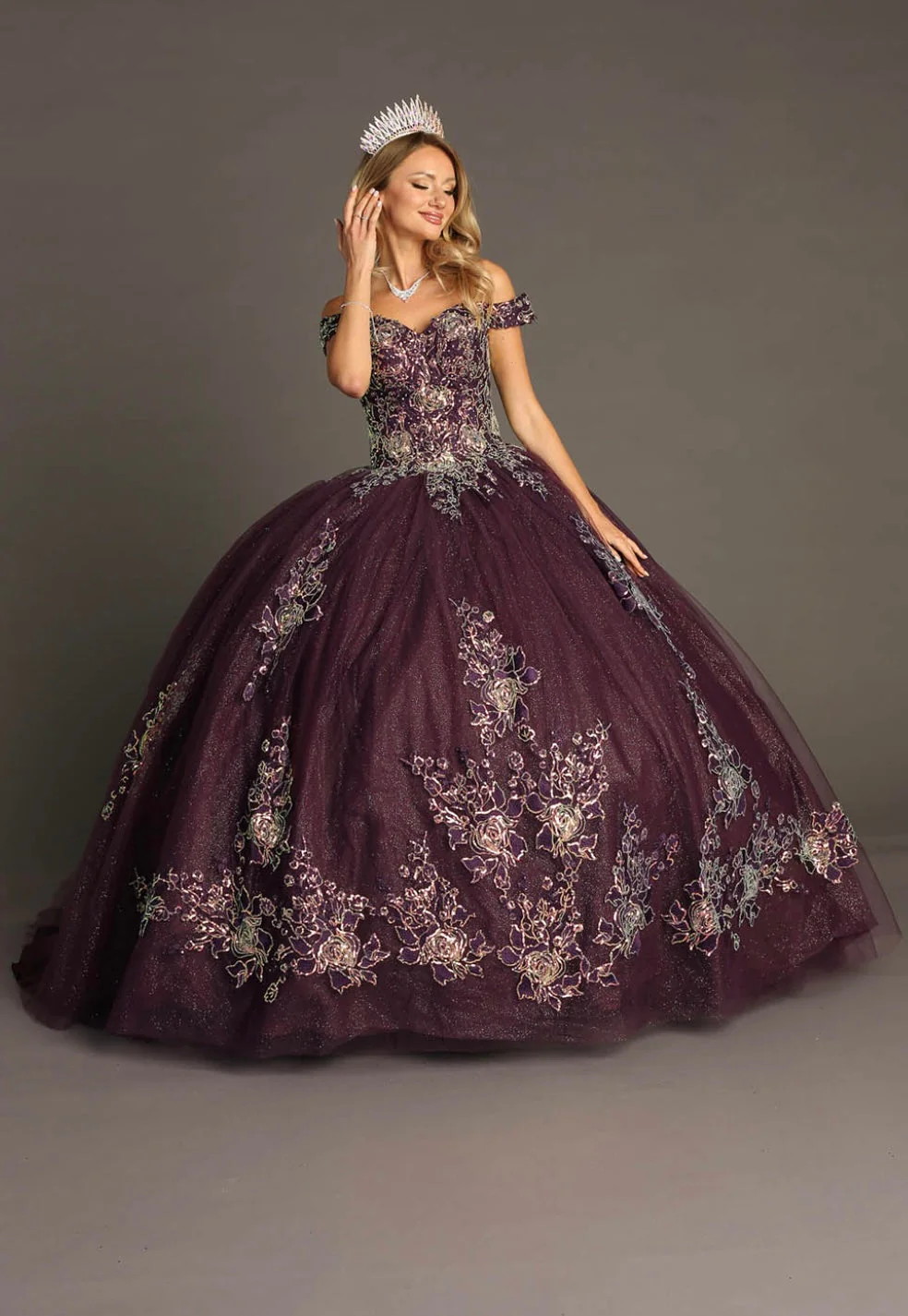 Chicas HF3099 Printed Glitter Purple BallDress Floral Floor-Length Tulle Dress - Image 3
