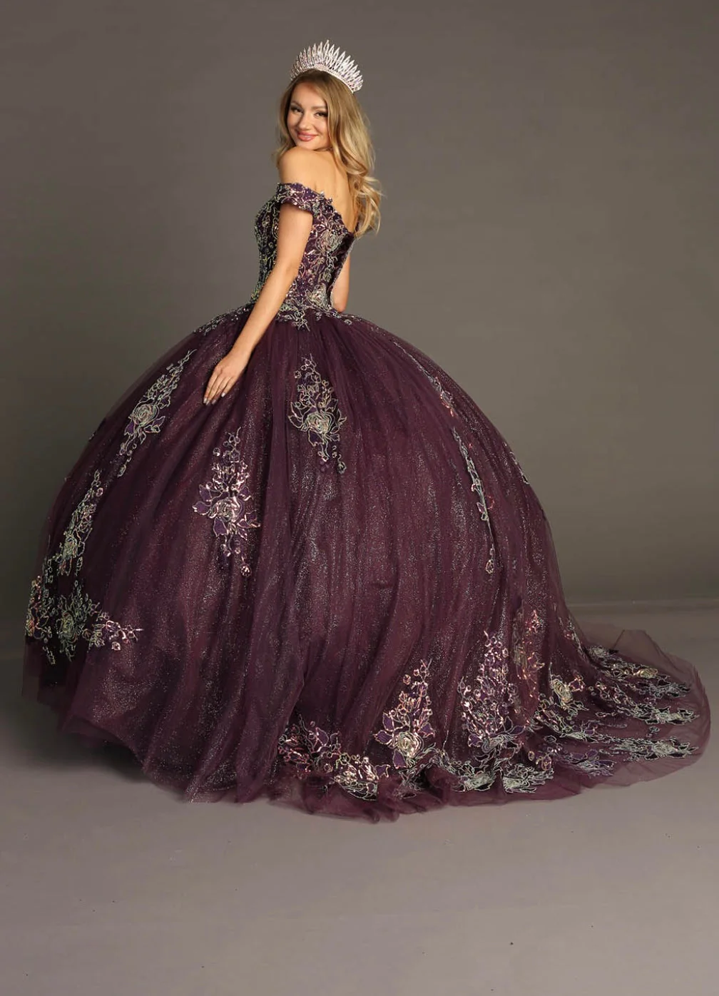 Chicas HF3099 Printed Glitter Purple BallDress Floral Floor-Length Tulle Dress - Image 4