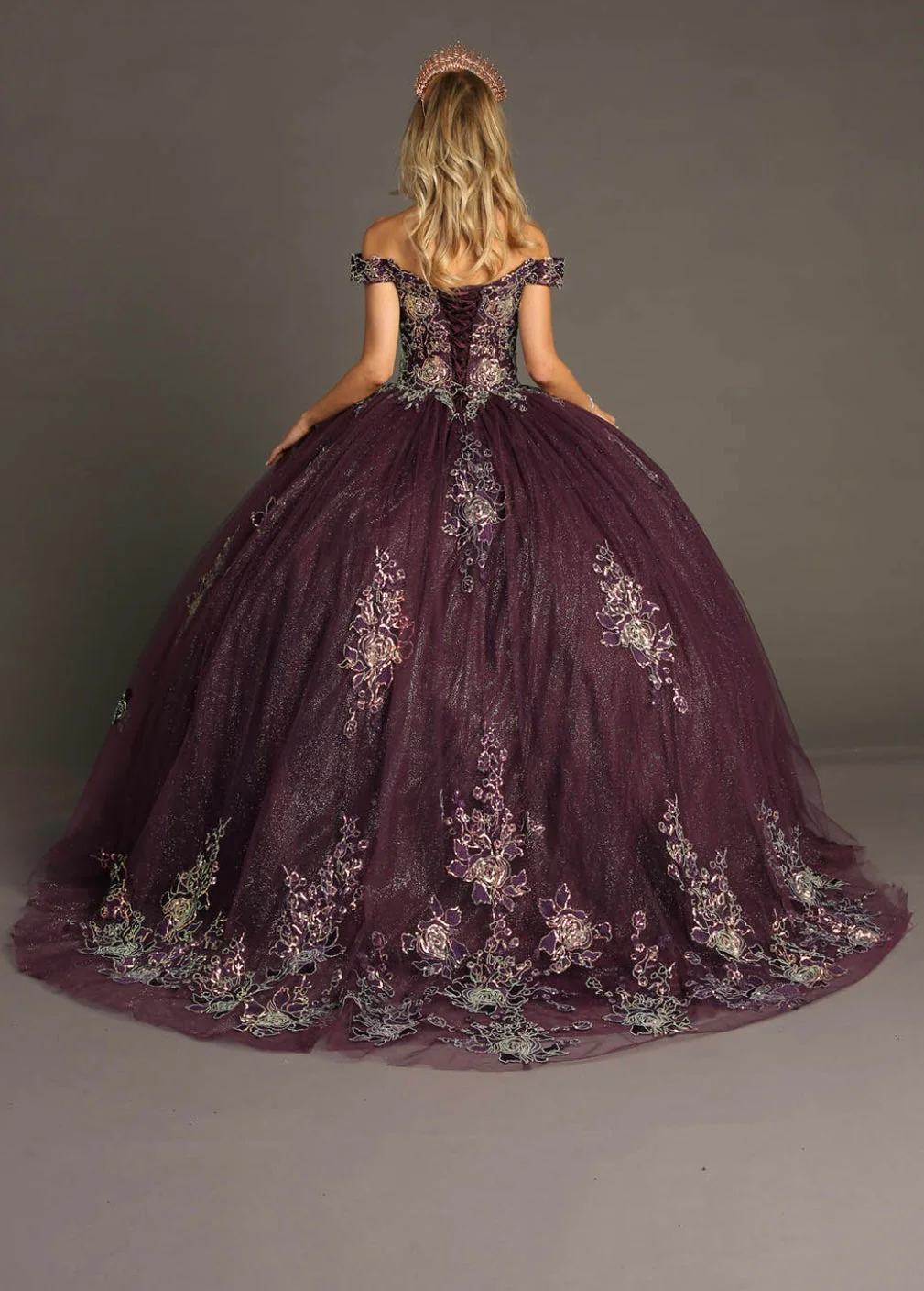 Chicas HF3099 Printed Glitter Purple BallDress Floral Floor-Length Tulle Dress - Image 5