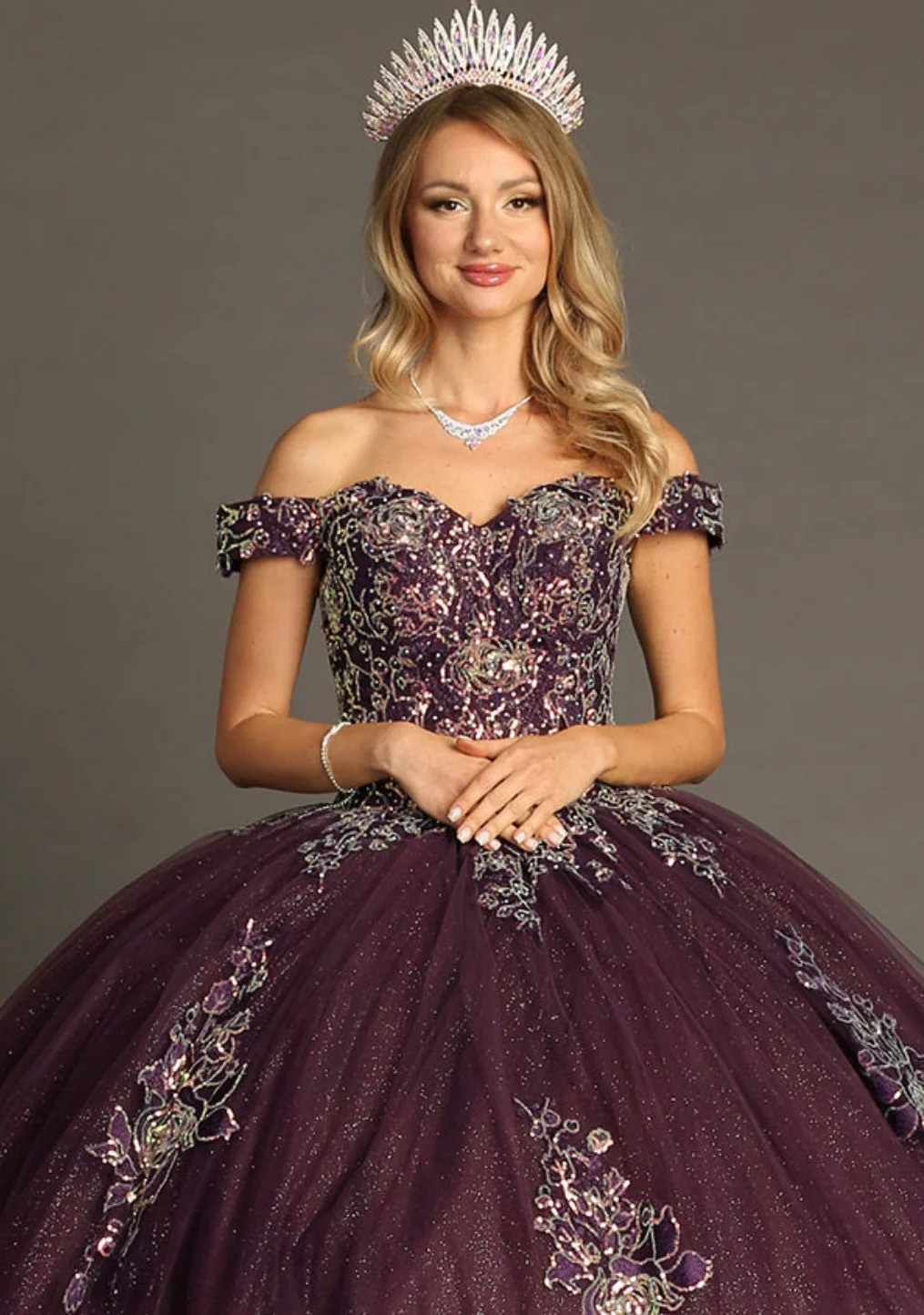 Chicas HF3099 Printed Glitter Purple BallDress Floral Floor-Length Tulle Dress - Image 6