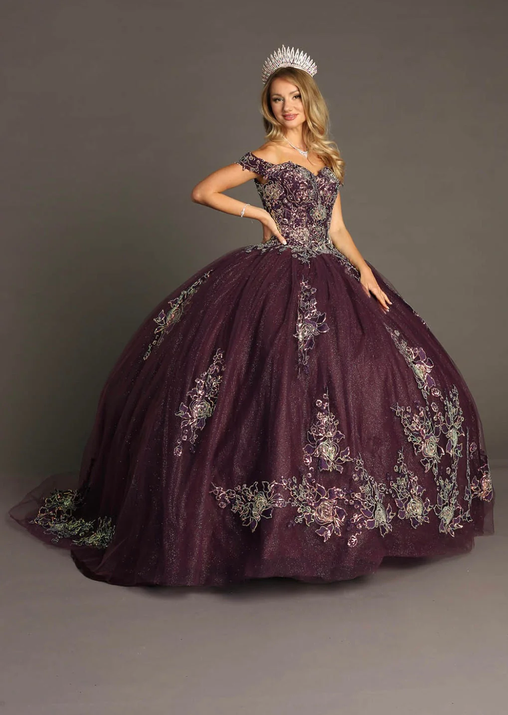 Chicas HF3099 Printed Glitter Purple BallDress Floral Floor-Length Tulle Dress - Image 7