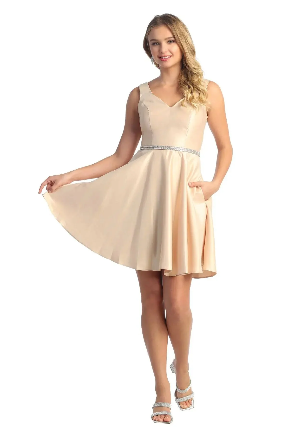 Cindy Collection 1497 Rhinestone-Belted Pleated Satin Cocktail Dress