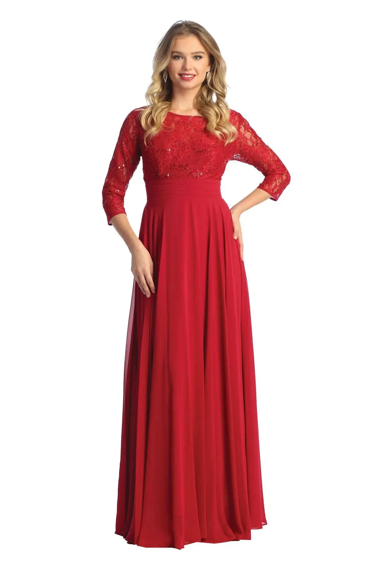 Cindy Collection 1748 Lace-Panel 3/4 Sleeve Smooth Knit A-Line Dress - Image 2