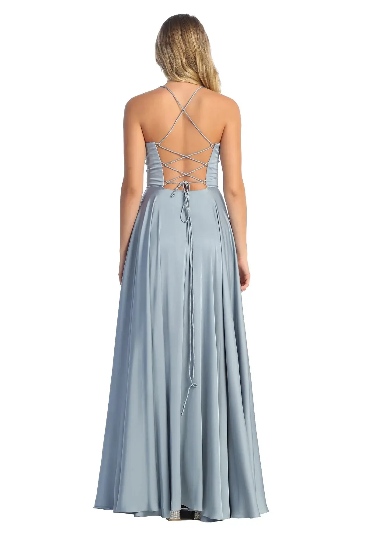 Cindy Collection 1757 Slit Leg Satin A Line Corset Dress with Tailored Pockets - Image 3