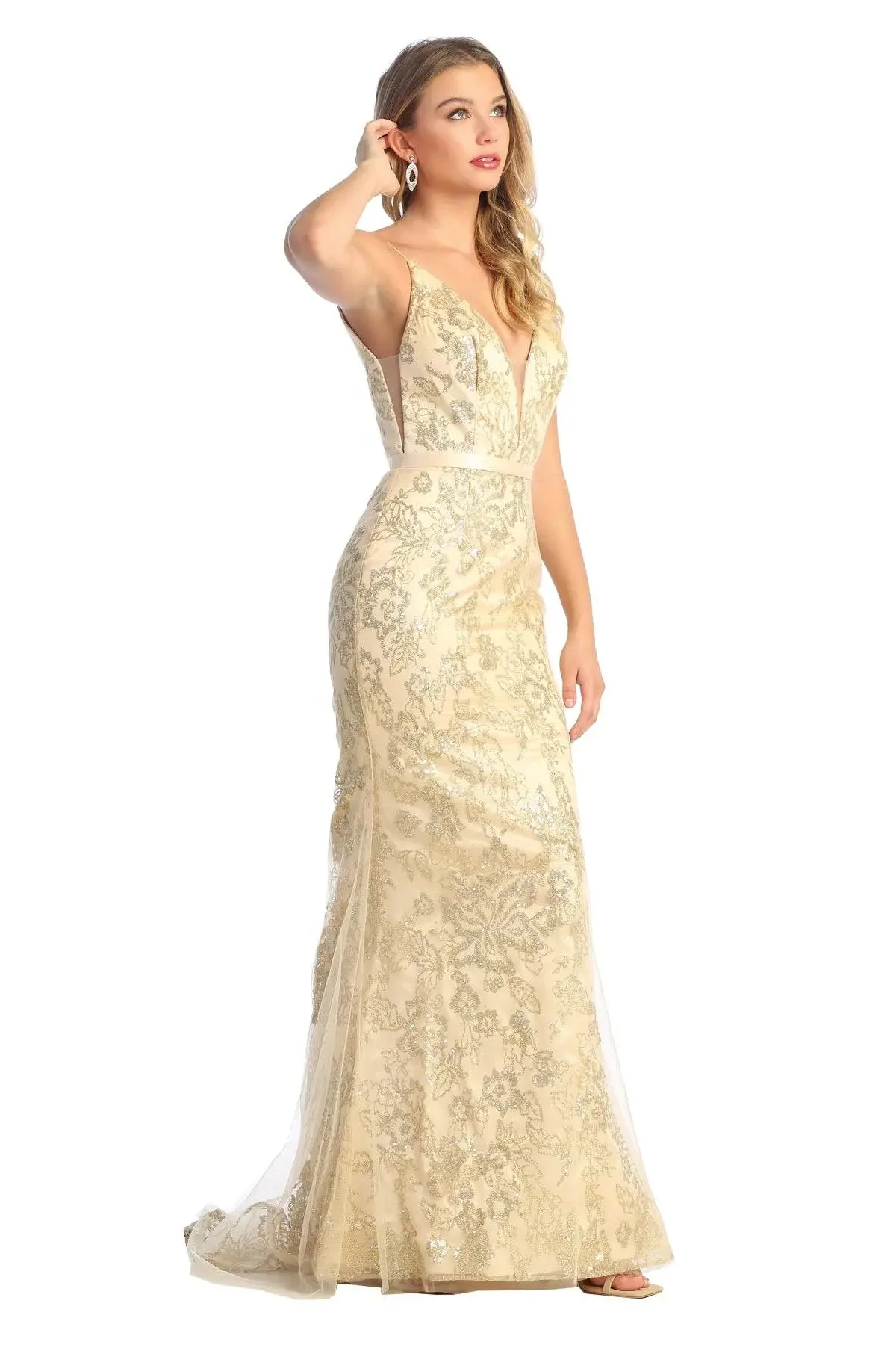 Cindy Collection 50439 Lace & Sequin High-Slit Evening Dress
