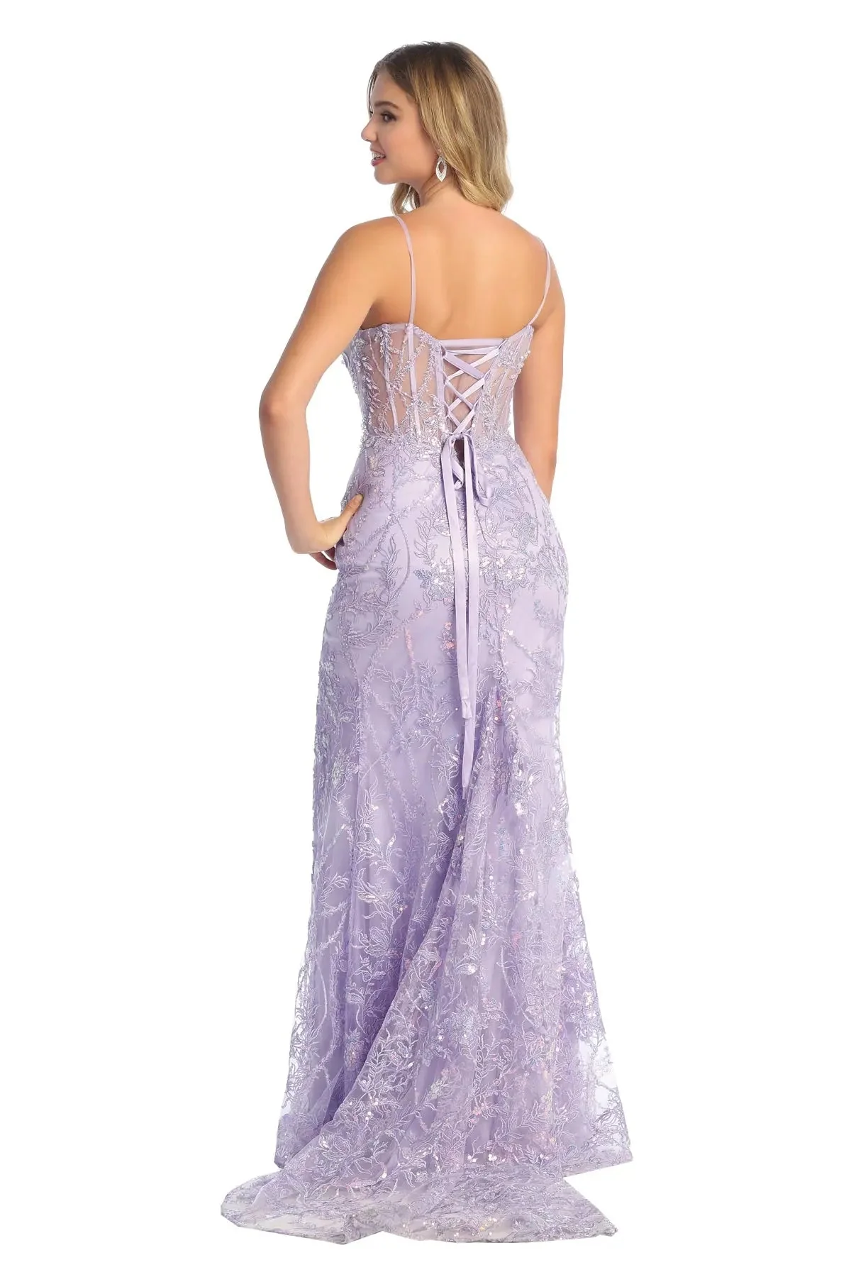 Cindy Collection 50451 Slit Leg Lace Corset Design with Sheer Detailing Dress - Image 2