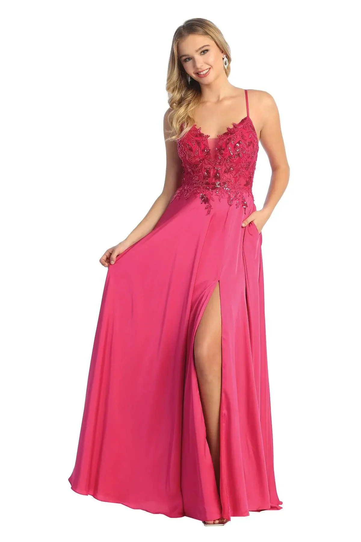 Cindy Collection 50452 Sequin Slit A-Line Satin Dress
